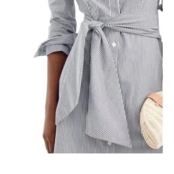 J Crew 0 Navy White Stripe Maribou Mixy Long Sleeve Tie Shirtdress - Picture 2 of 5